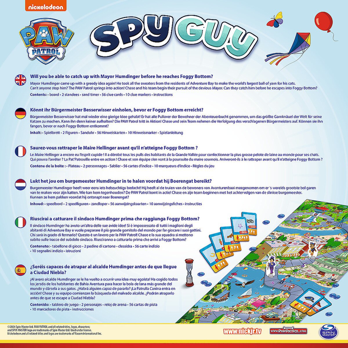 PAW Patrol Spy Guy Board Game back of box showing contents clue cards board timer and cooperative gameplay details