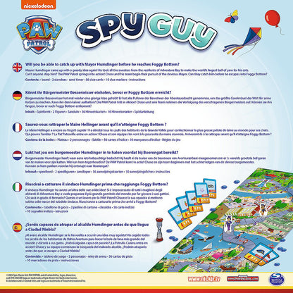 PAW Patrol Spy Guy Board Game back of box showing contents clue cards board timer and cooperative gameplay details