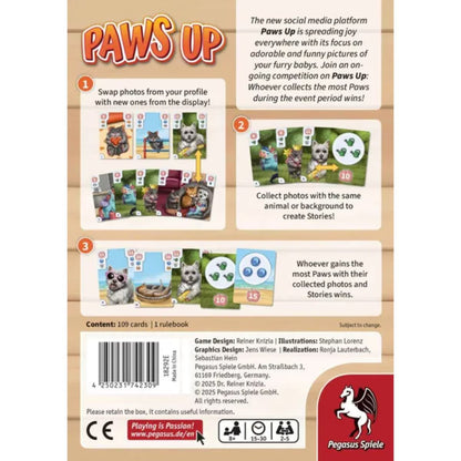 Paws Up card game back box showing card swapping, animal photo Stories and paw print scoring overview for 2 to 5 players