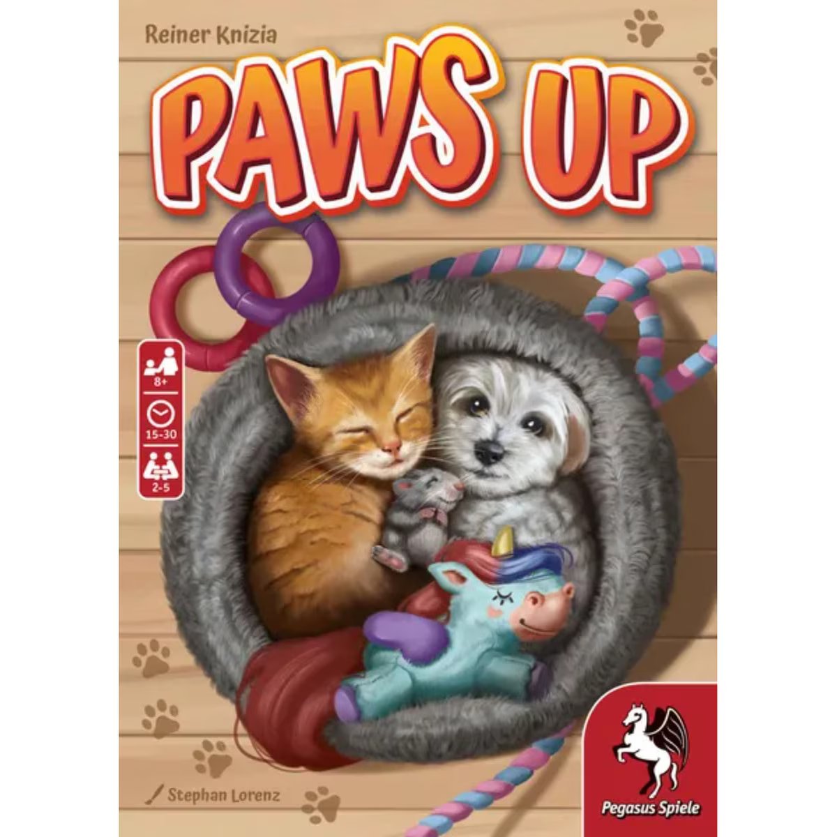 Paws Up card game front box showing cute kitten, puppy, hamster and toy unicorn artwork for a family pet photo card game
