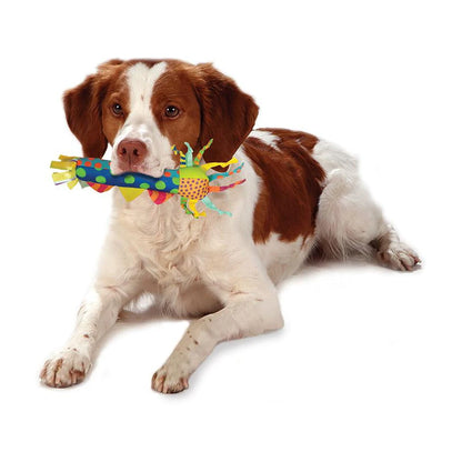 Dog holding the colourful Petstages Cool Teething Stick puppy toy