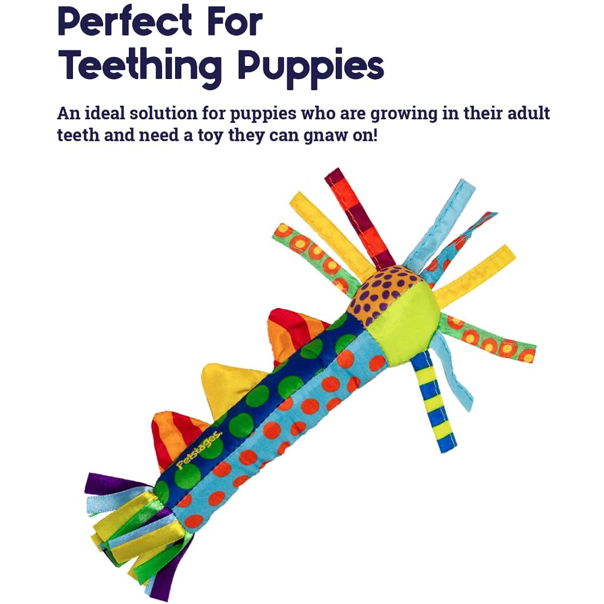 Petstages Cool Teething Stick feature graphic showing the toy for teething puppies growing adult teeth