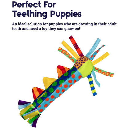 Petstages Cool Teething Stick feature graphic showing the toy for teething puppies growing adult teeth