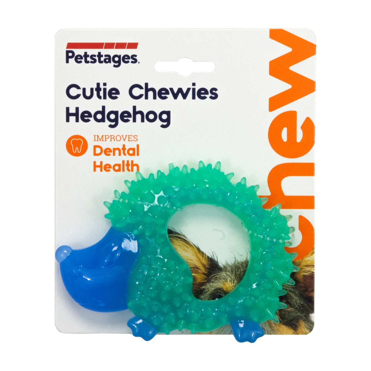 Petstages Cutie Chewies Hedgehog dog chew toy in retail packaging with dental health message