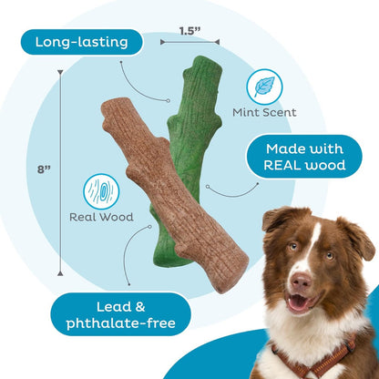 Petstages Dogwood large dog chew toys with real wood, mint scent and size information