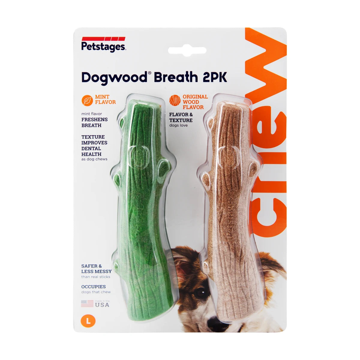 Petstages Dogwood Original and Fresh Breath 2 Pack large dog chew toys in retail packaging