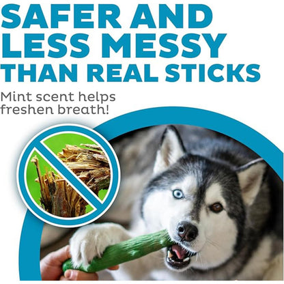 Petstages Dogwood mint chew toy shown as an alternative to chewing real sticks