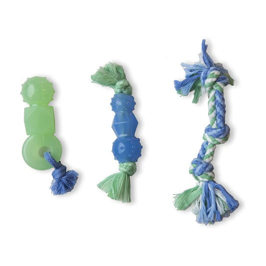 Petstages Mini Dentachew Dog Chew Toy 3 Pack with three textured chew and rope toys
