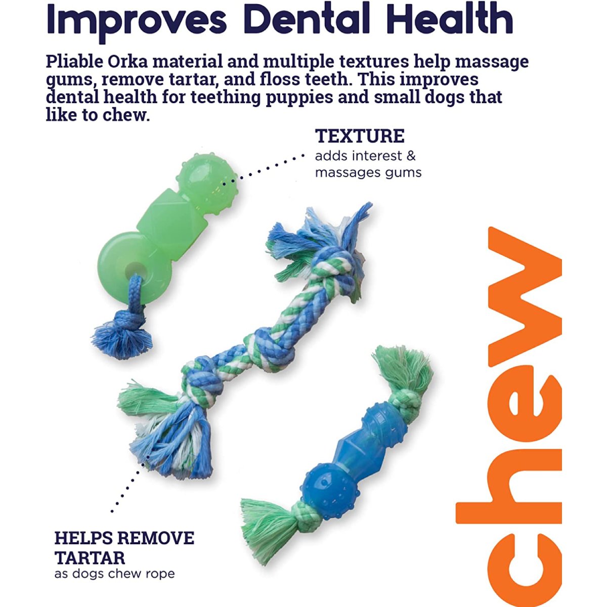 Petstages Mini Dentachew toys showing textured Orka material and rope for dental-style chewing