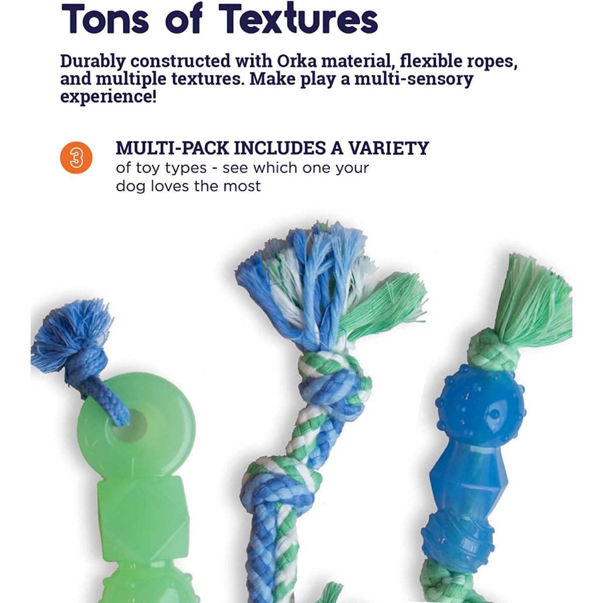 Petstages Mini Dentachew 3 Pack showing different Orka and rope toy textures
