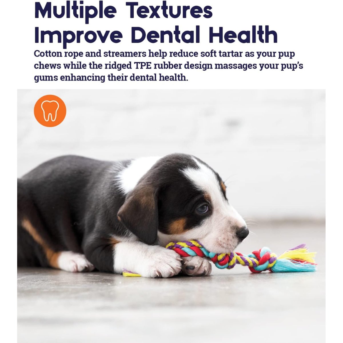 Puppy chewing a Petstages Orka Mini Dental rope toy with multiple textures for dental health
