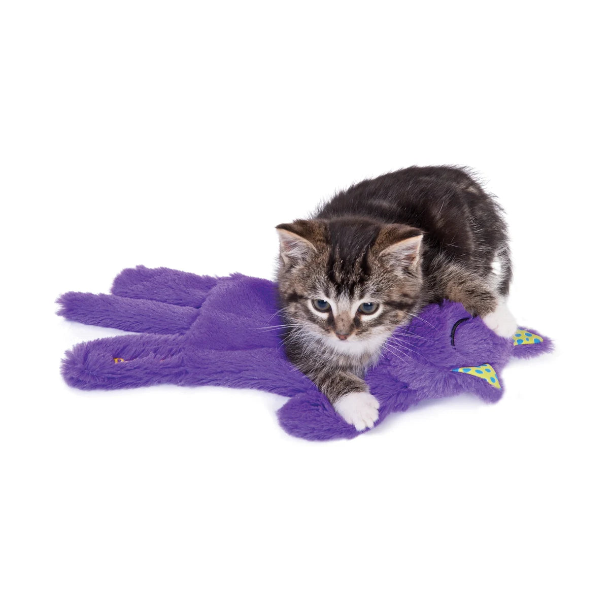 Kitten cuddling the Petstages Purr Pillow Kitty plush cat toy