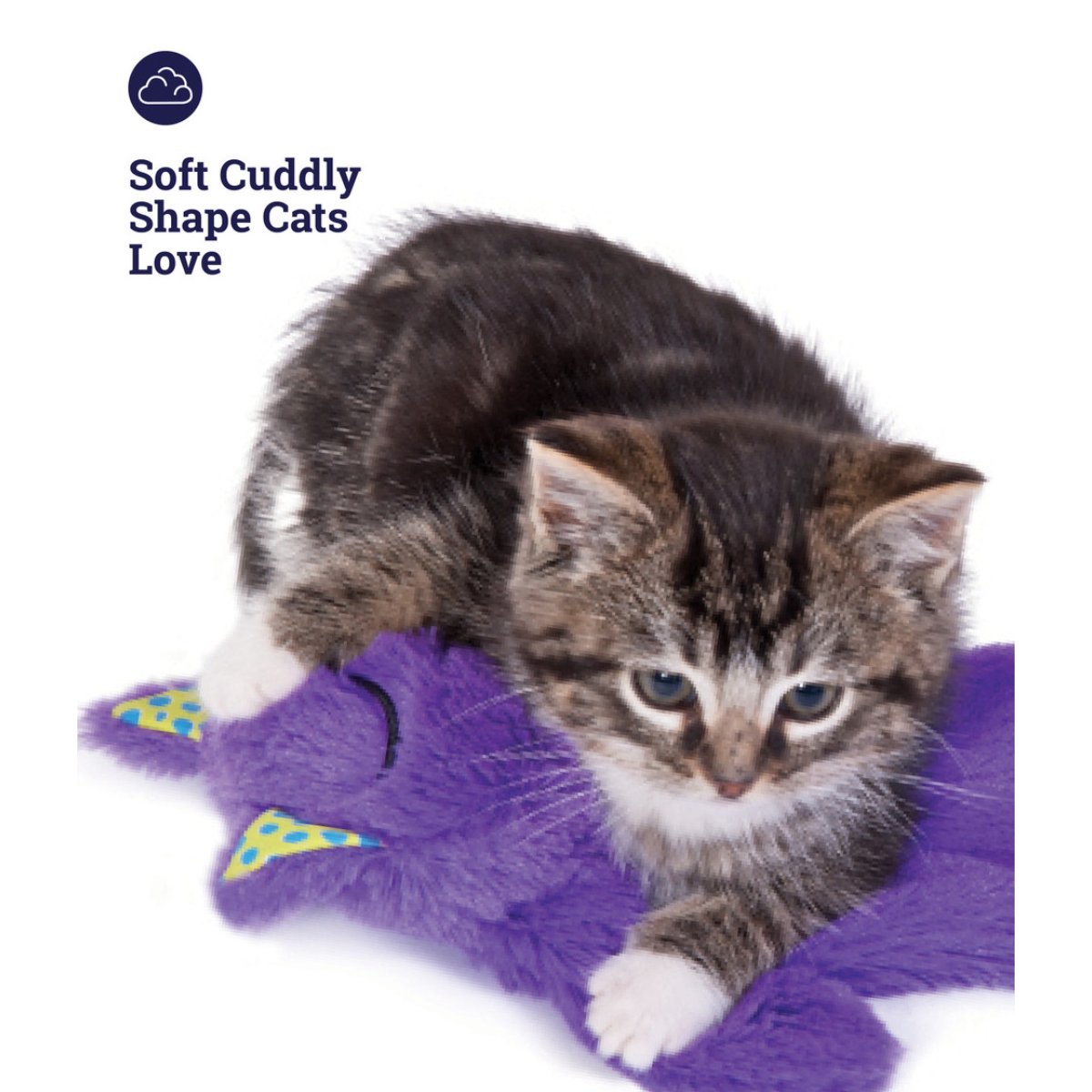 Kitten on Petstages Purr Pillow Kitty showing its soft cuddly plush shape