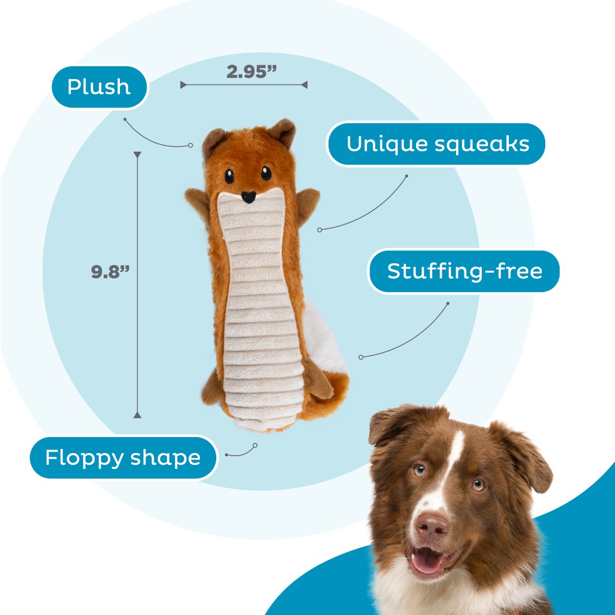 Petstages Big Squeak Fox medium dimensions showing 24.9 cm length and 7.5 cm width