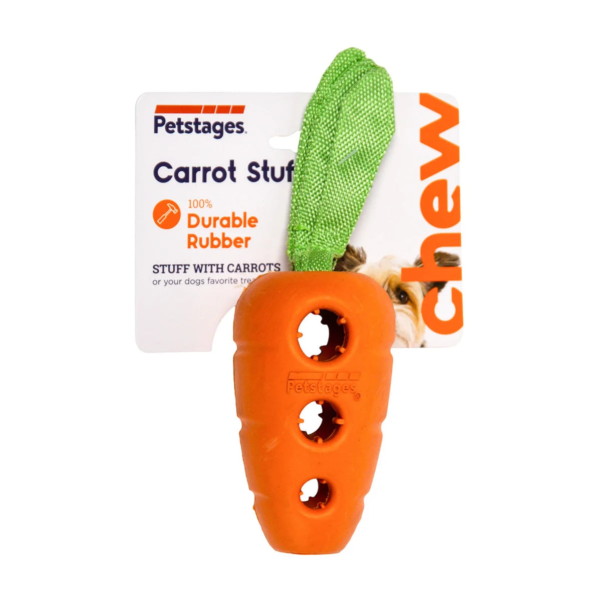 Petstages Carrot Stuffer treat dispensing dog toy in packaging showing durable rubber carrot design