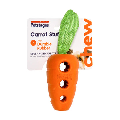 Petstages Carrot Stuffer treat dispensing dog toy in packaging showing durable rubber carrot design