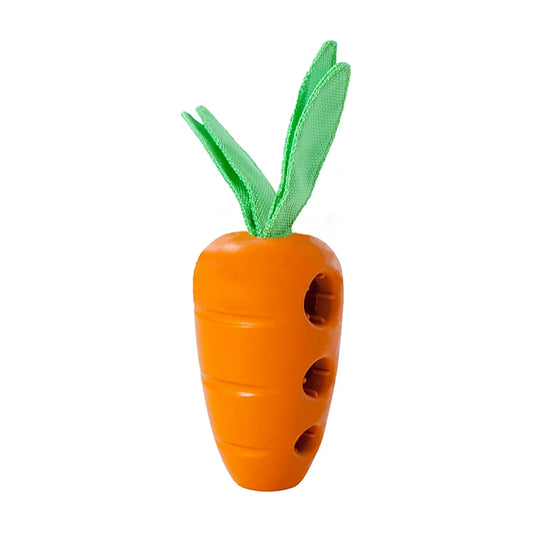 Petstages Carrot Stuffer orange rubber treat dispensing dog toy with three treat openings and green fabric carrot top