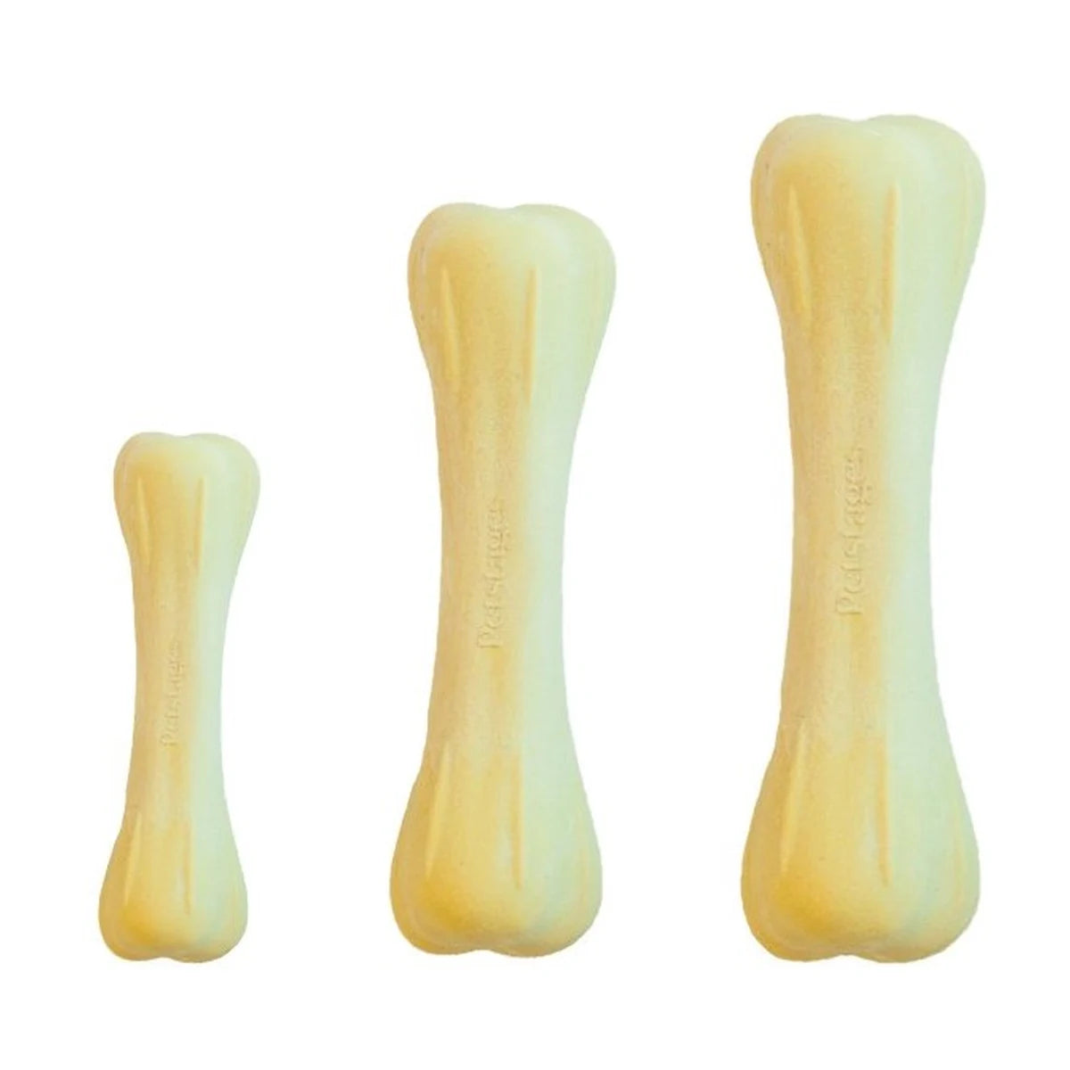 Petstages Chick-a-Bone chicken flavour dog chew toy shown in small medium and large sizes