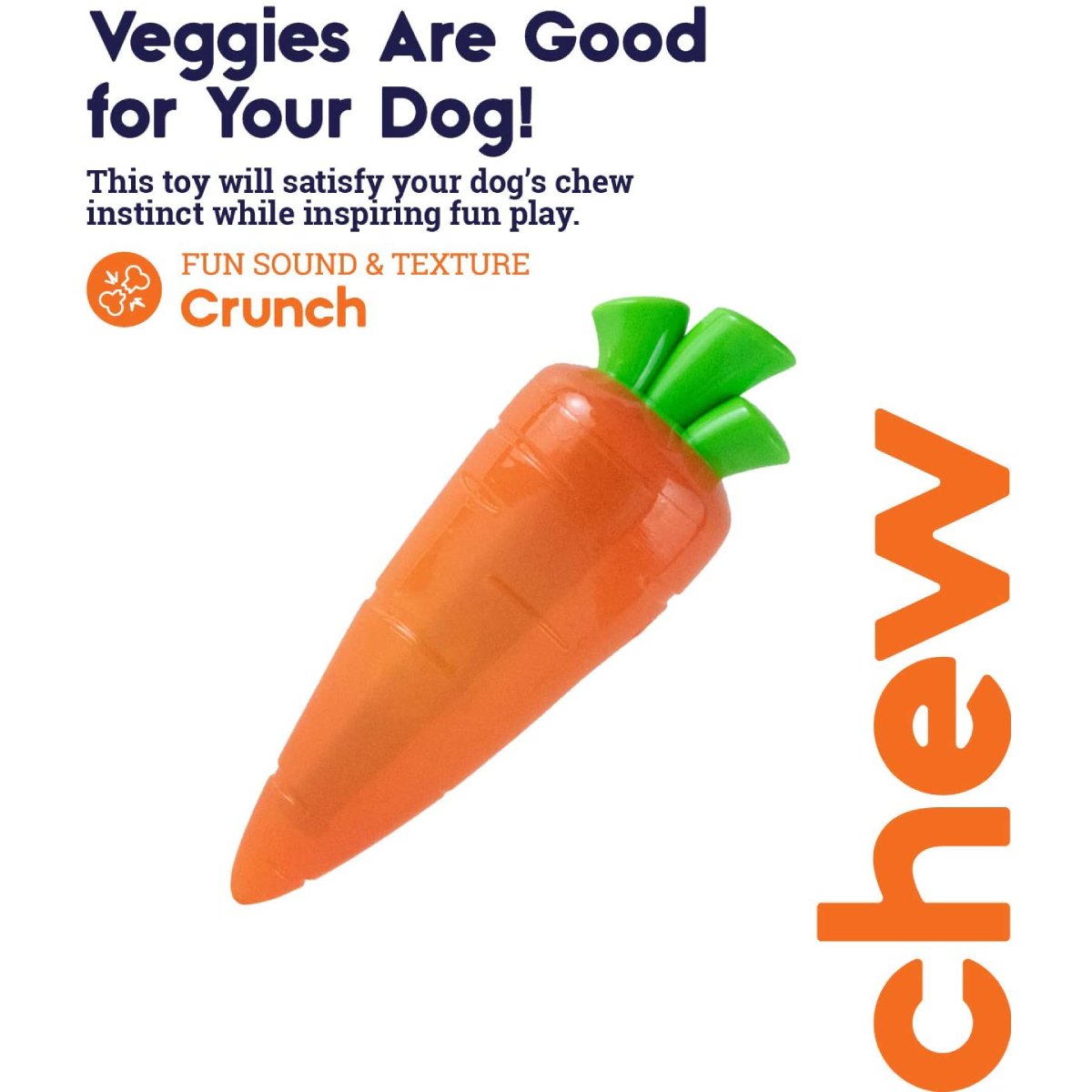 Petstages Crunch Veggies Carrot dog chew toy showing veggie inspired crunch play benefit