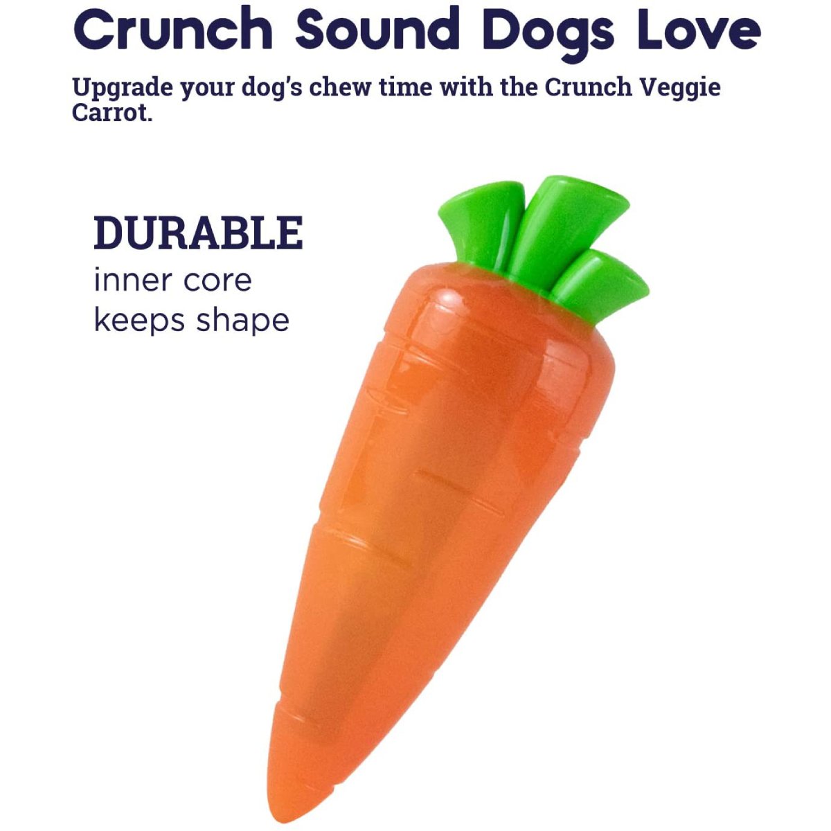 Petstages Crunch Veggies Carrot dog chew toy showing durable inner core that keeps shape