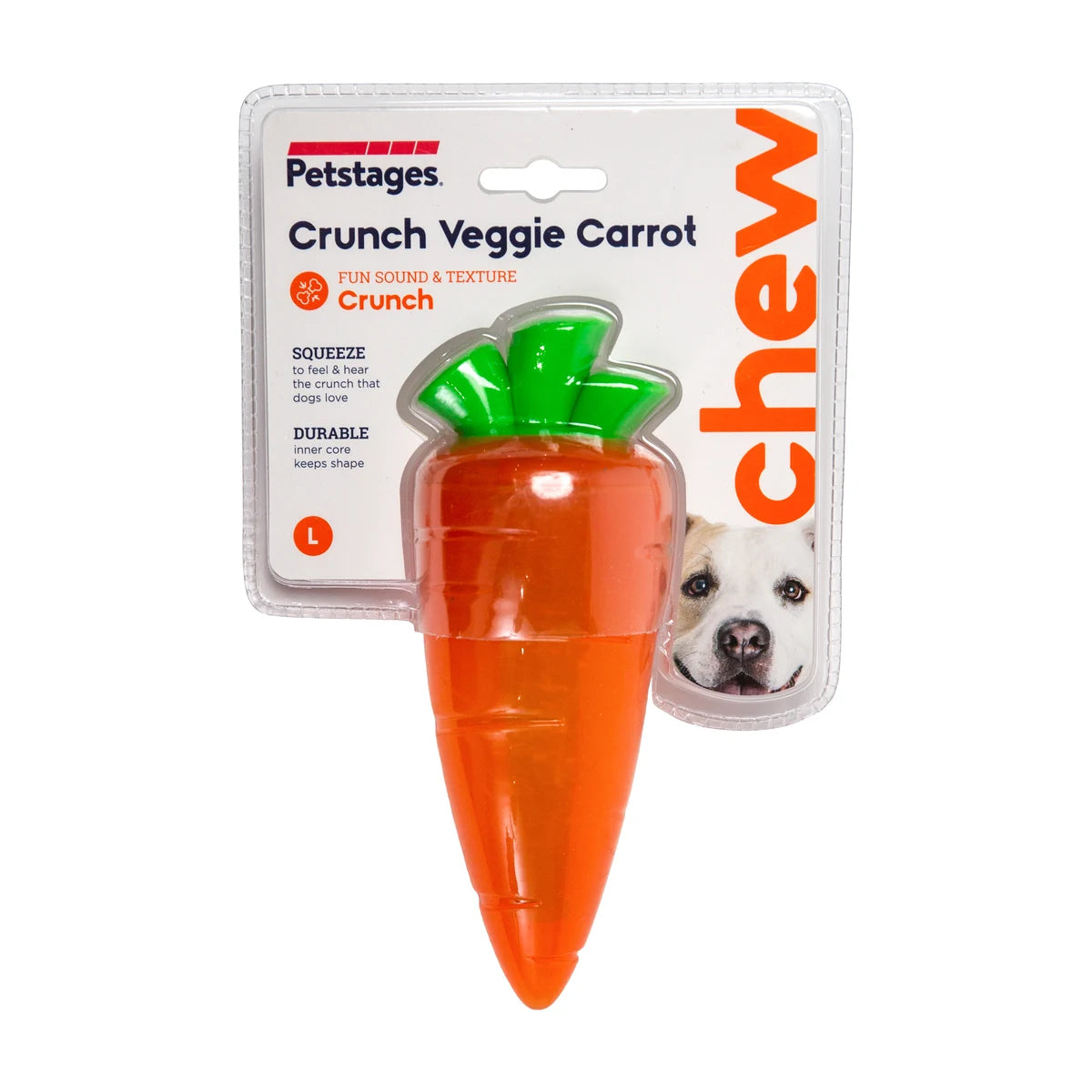 Petstages Crunch Veggies Carrot LG dog chew toy in packaging with crunch sound and texture