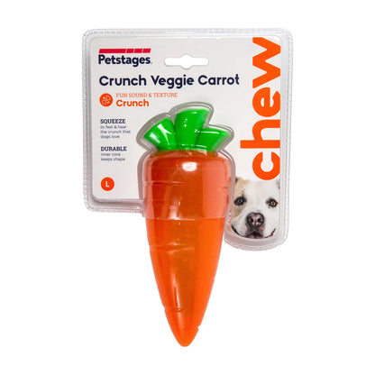 Petstages Crunch Veggies Carrot LG dog chew toy in packaging with crunch sound and texture