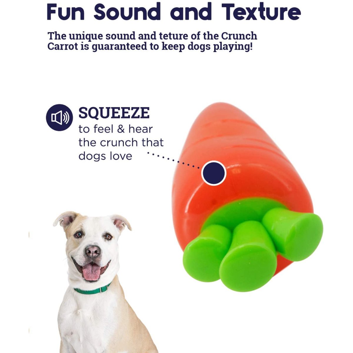 Petstages Crunch Veggies Carrot dog chew toy showing fun sound and texture crunch benefit