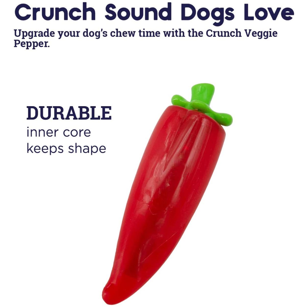 Petstages Crunch Veggies Pepper dog chew toy showing durable inner core that keeps shape