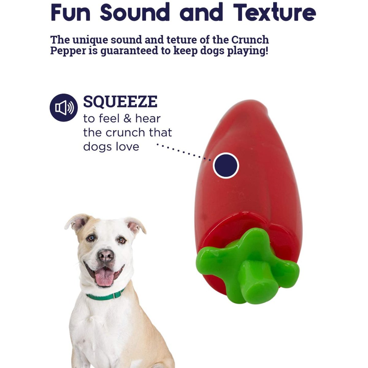 Petstages Crunch Veggies Pepper dog chew toy showing fun crunch sound and texture benefit