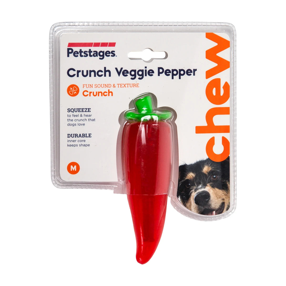 Petstages Crunch Veggies Pepper MD dog chew toy in packaging with crunch sound and texture