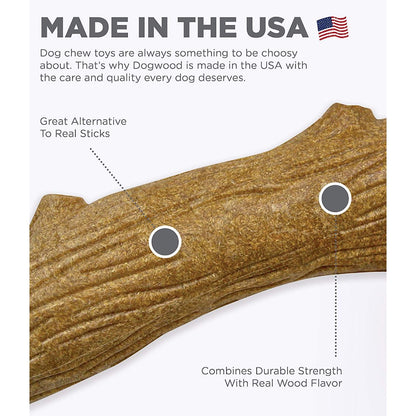 Petstages Dogwood dog chew toy made with real wood as a safer less messy stick alternative