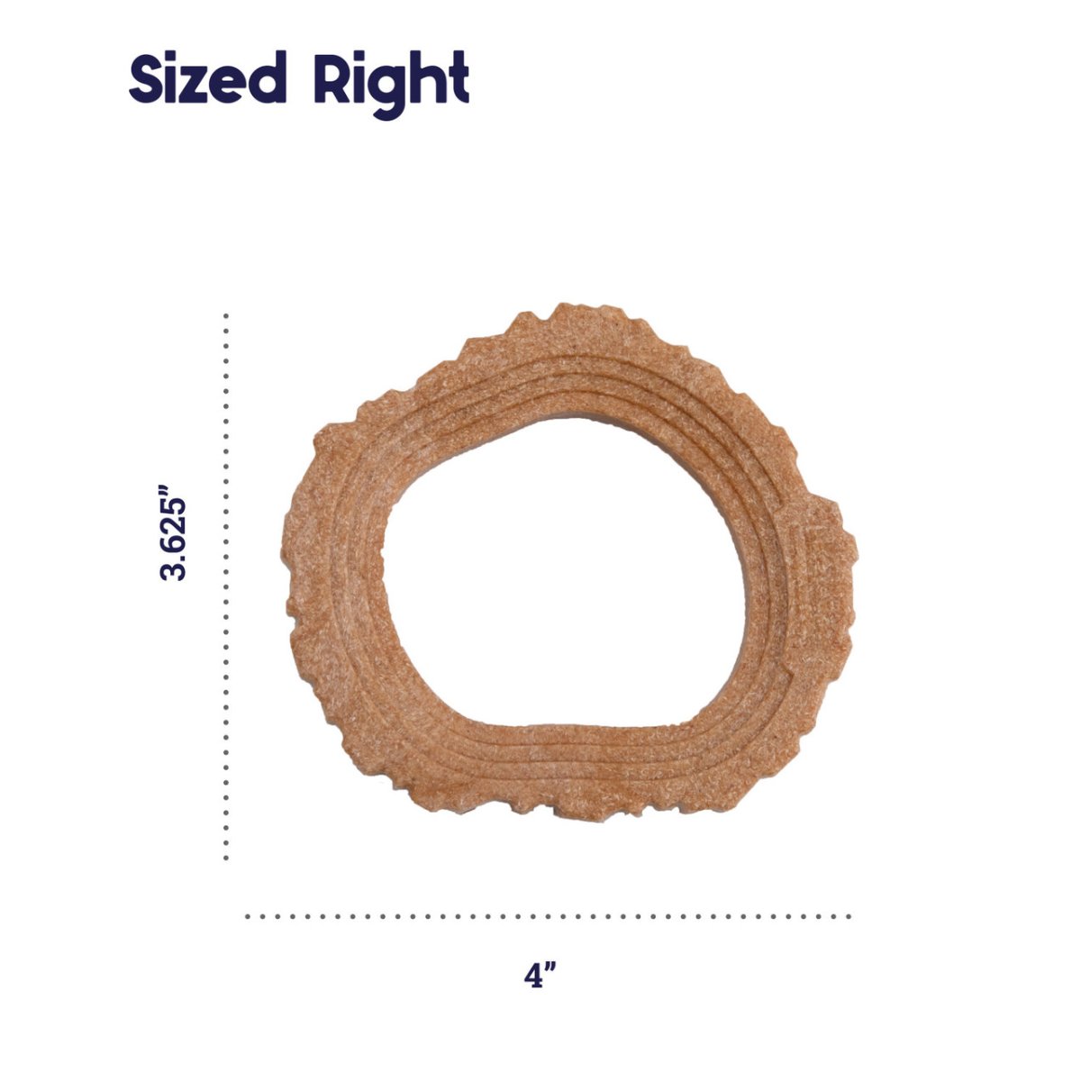 Petstages Dogwood Ring size image showing 4 inch length and 3.625 inch width dog chew toy