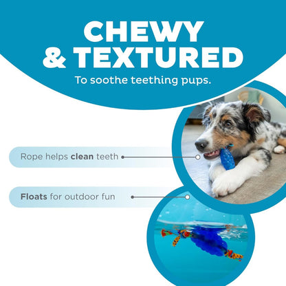 Petstages Mini ORKA and Friends Fox feature image showing chewy textured ORKA toy with rope to help clean teeth