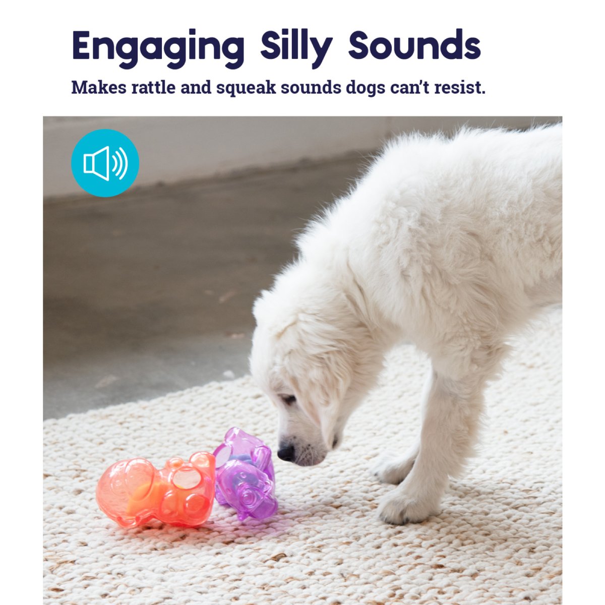 Puppy playing with Petstages Rattle Treat and Squeak Monkey dog toy with engaging rattle and squeak sounds