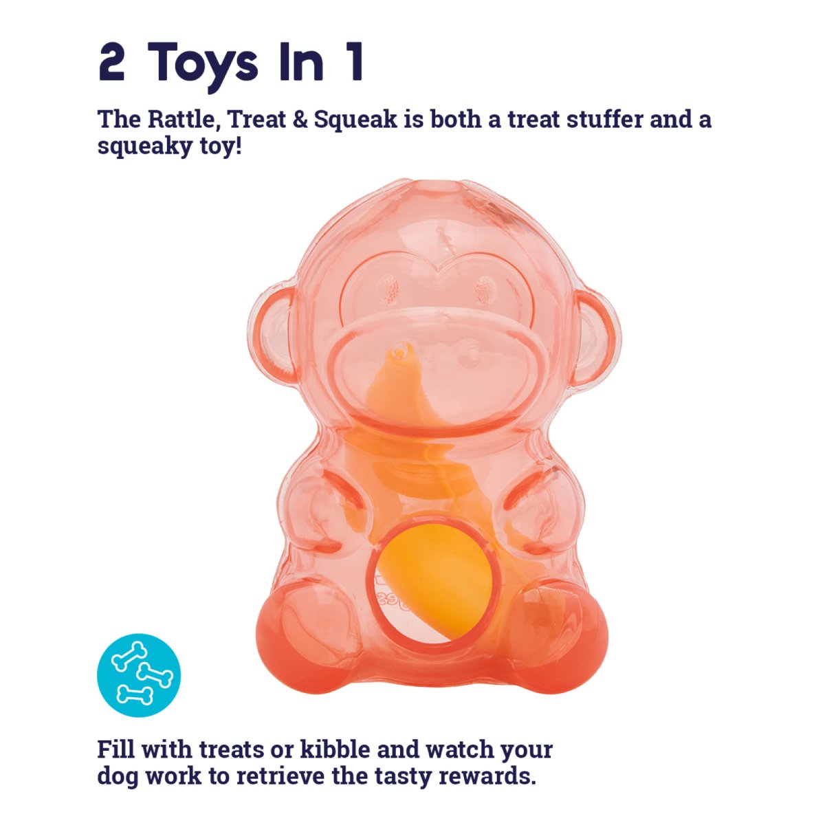 Petstages monkey dog toy showing 2 in 1 treat stuffer and squeaky toy features