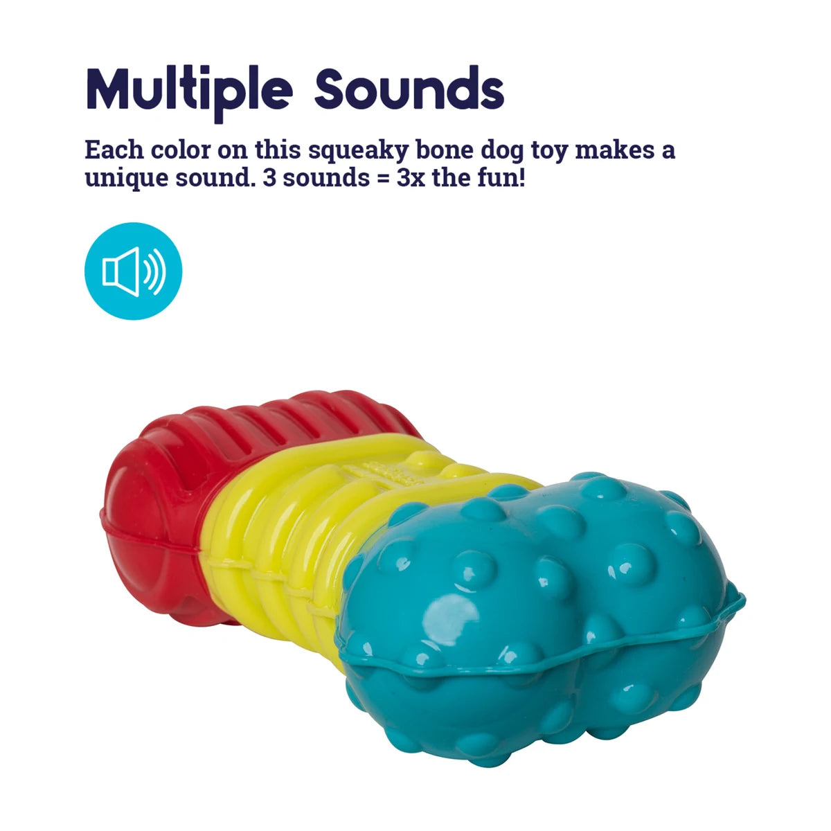Petstages Multi-Squeak Bone feature image showing three colours with unique squeaky sounds