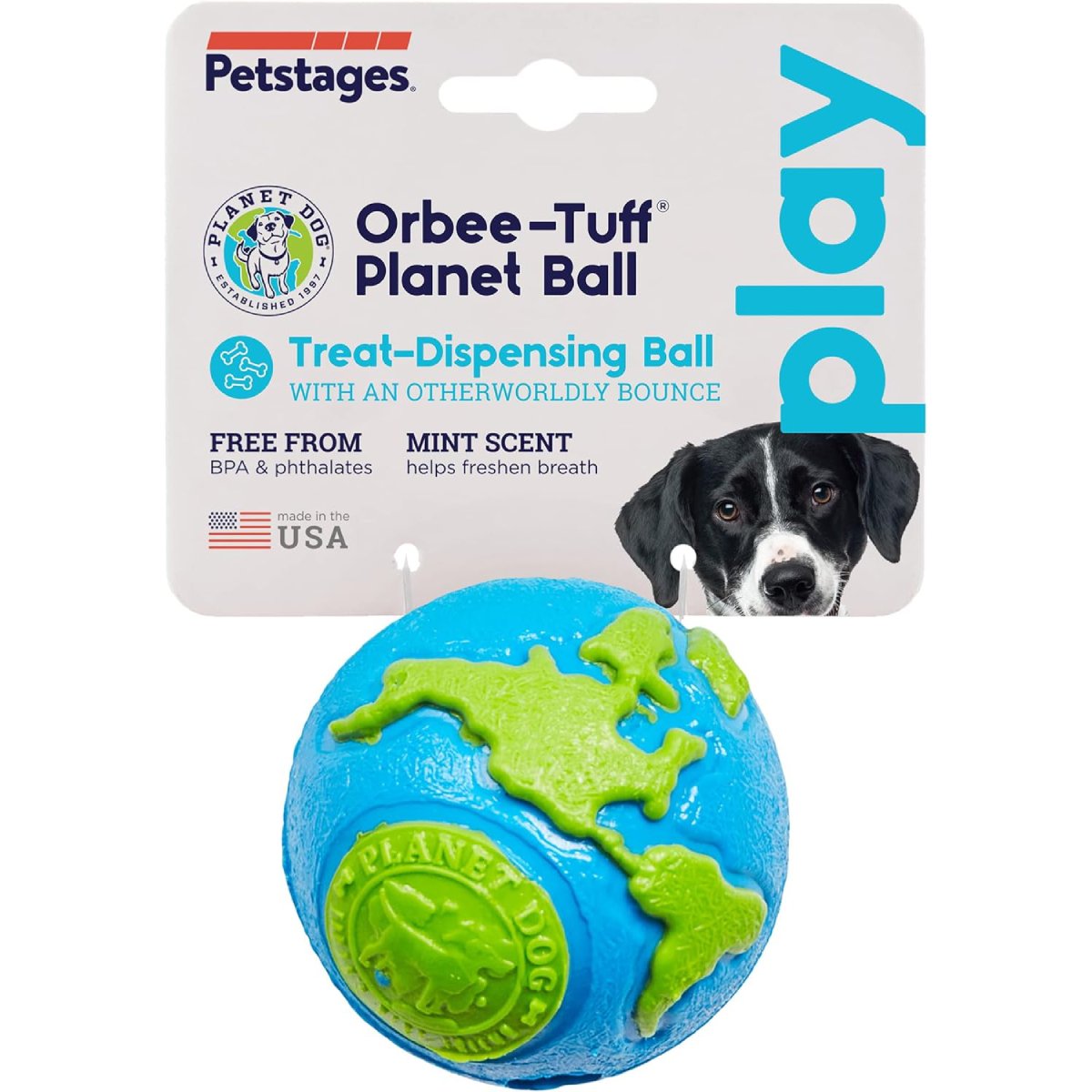 Petstages Orbee Tuff Planet Ball Blue Green medium packaging showing mint scented treat dispensing dog toy
