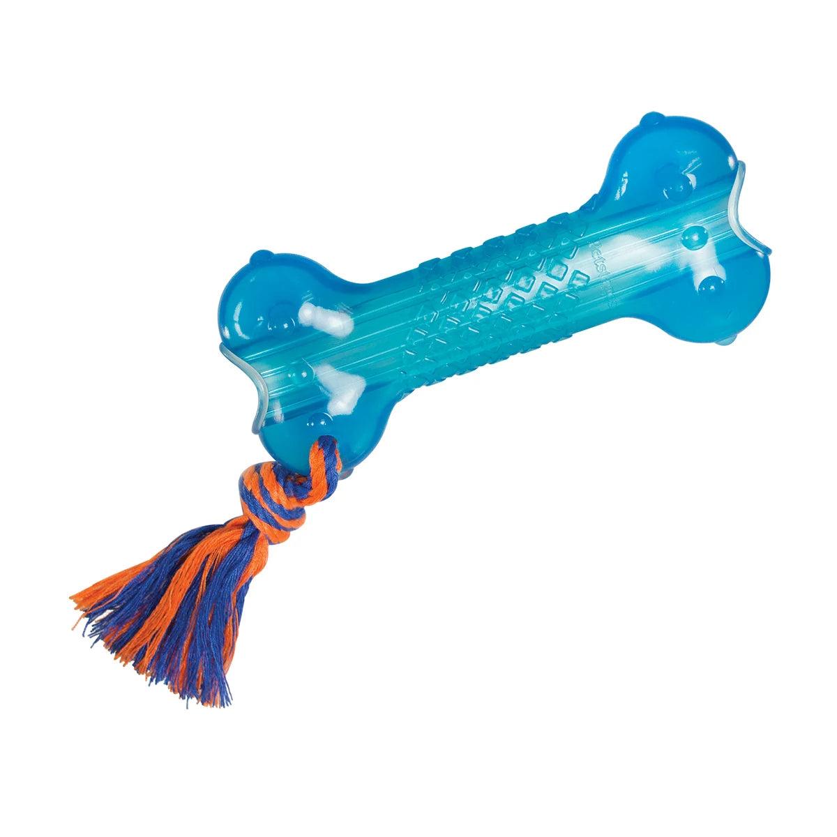 Petstages ORKA Bone blue rubber dog chew toy with textured surface and rope