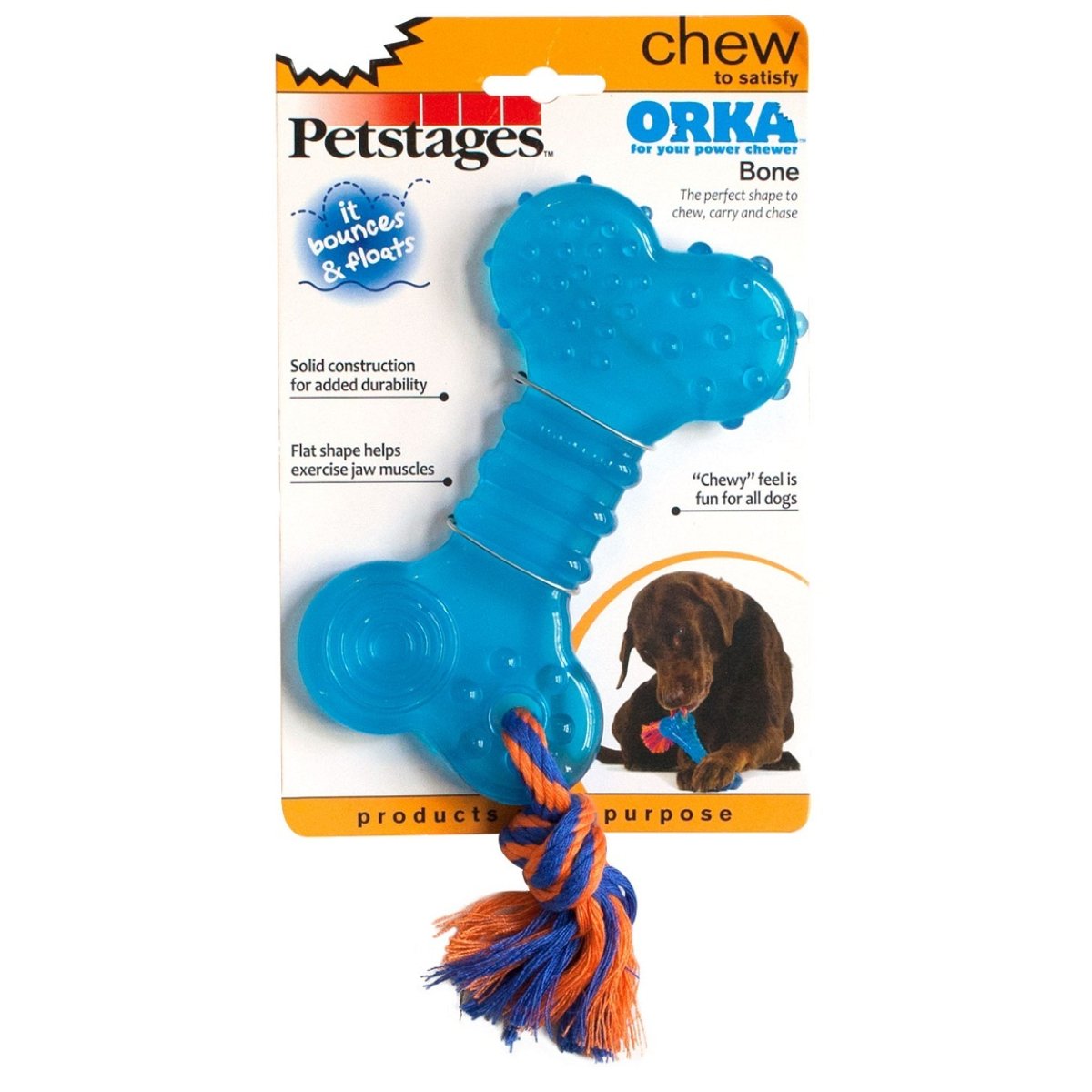 Petstages ORKA Bone packaging showing bouncy floating dog chew toy with flat chew shape