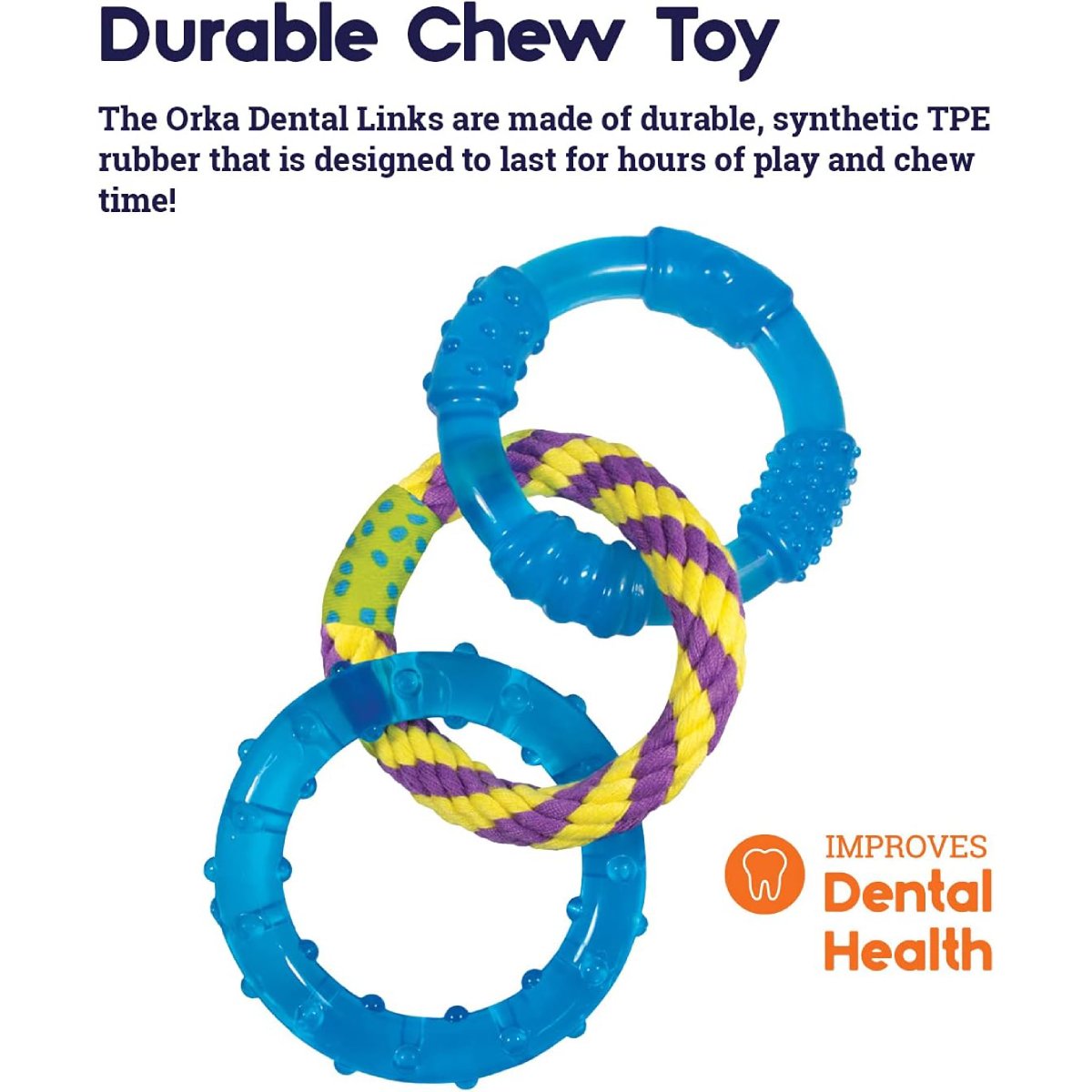 Petstages ORKA Dental Links feature image showing durable synthetic TPE rubber chew toy for dogs