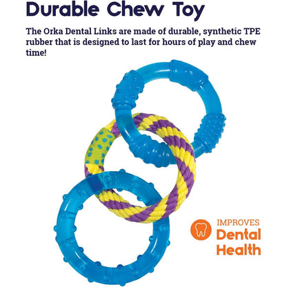 Petstages ORKA Dental Links feature image showing durable synthetic TPE rubber chew toy for dogs