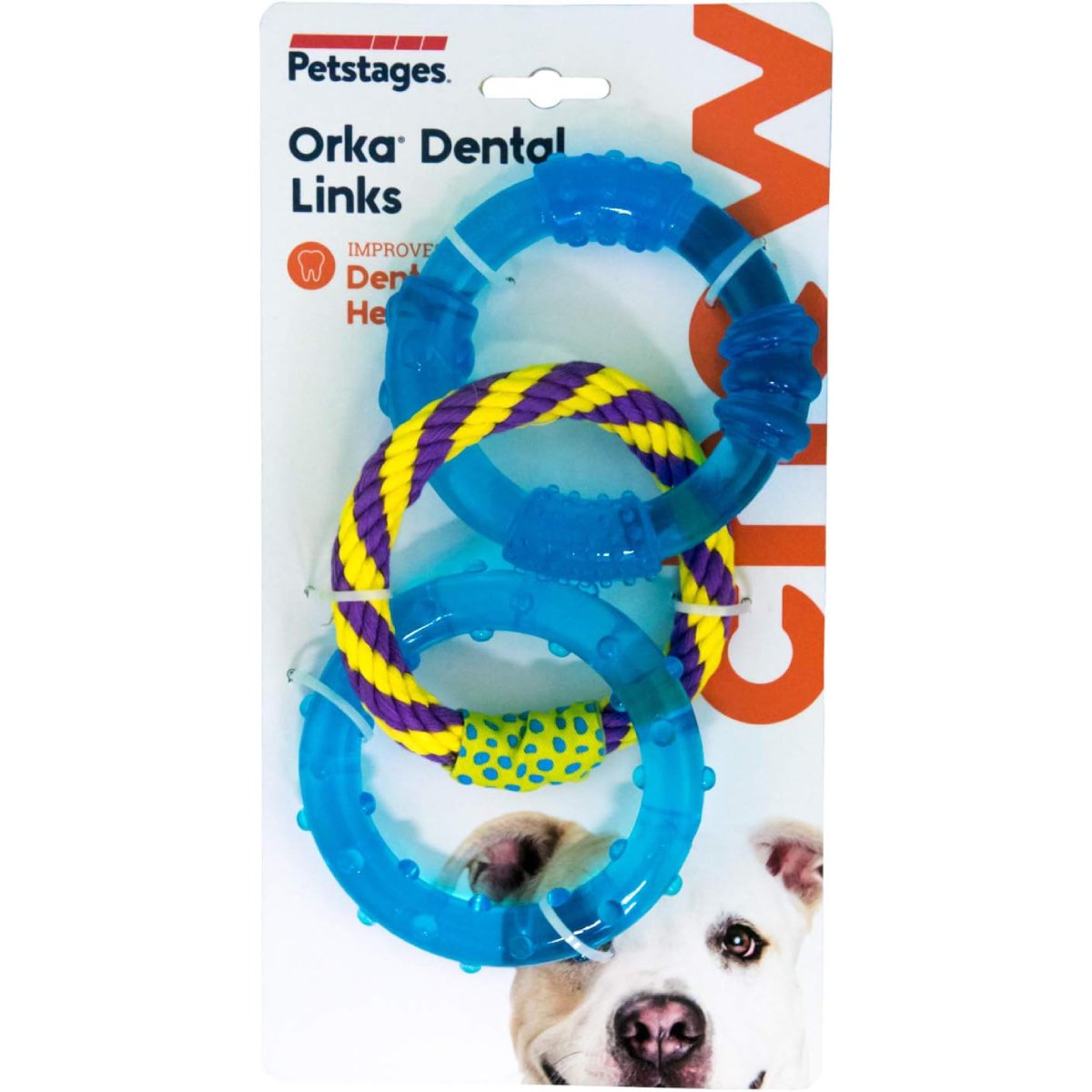 Petstages ORKA Dental Links packaging showing dental chew toy with rubber rings and rope