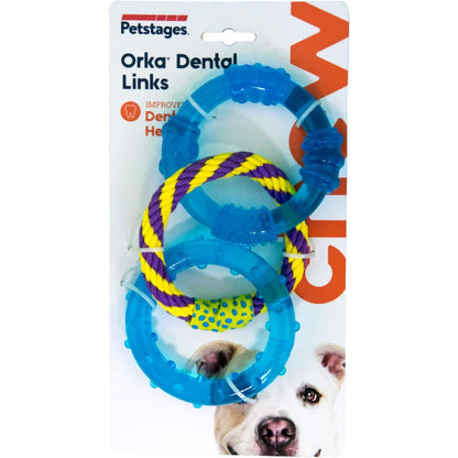Petstages ORKA Dental Links packaging showing dental chew toy with rubber rings and rope
