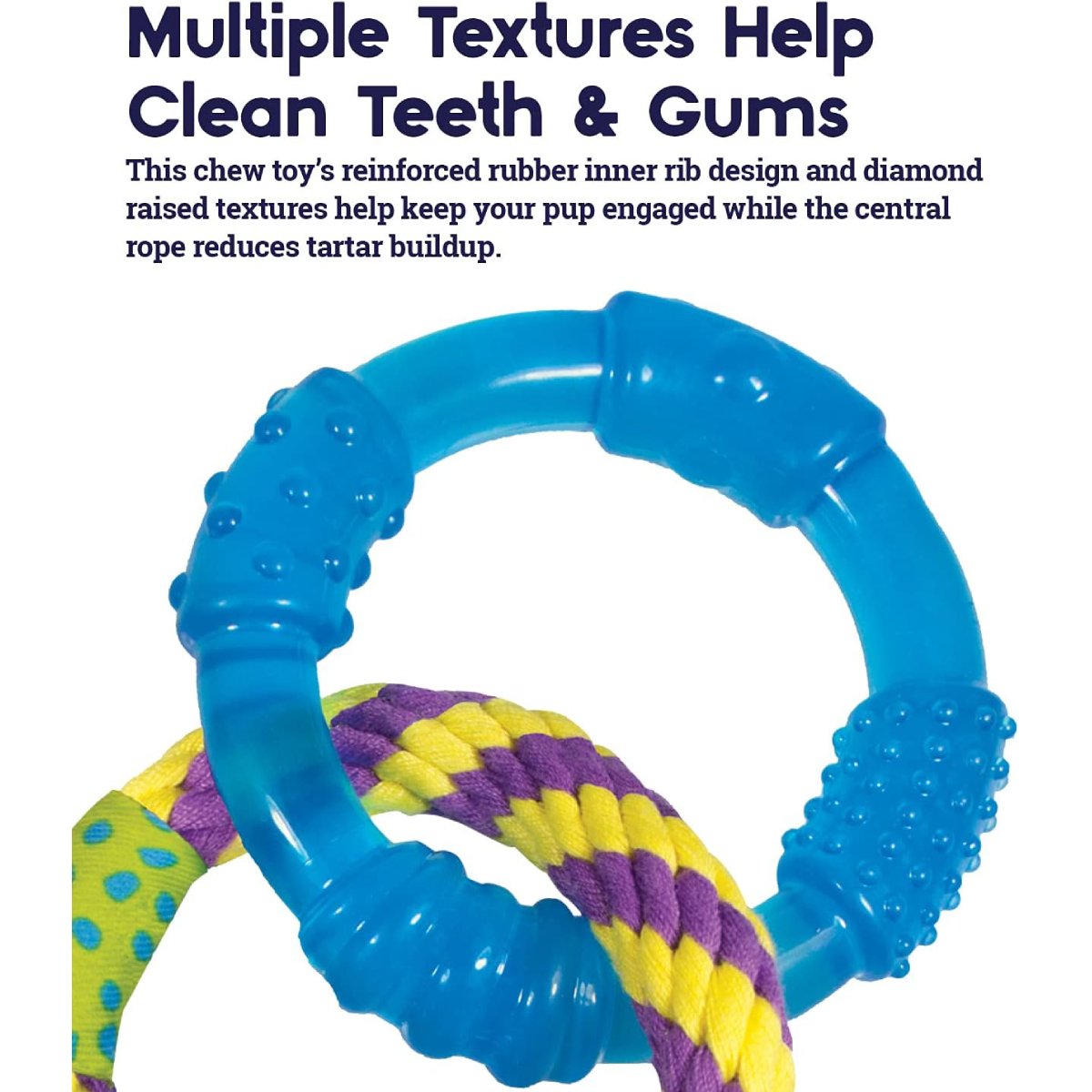 Petstages ORKA Dental Links feature image showing textured rubber and rope to help clean teeth and gums