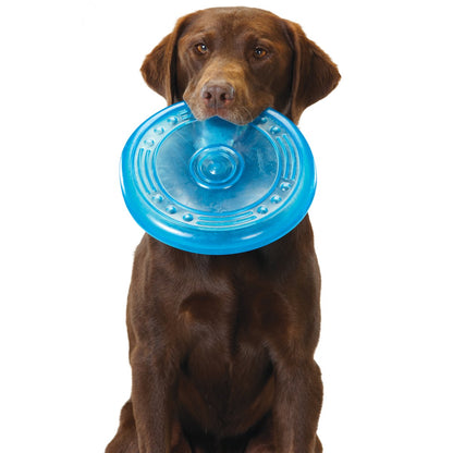 Dog holding Petstages ORKA Flyer blue flying disc showing easy grip rim for fetch play