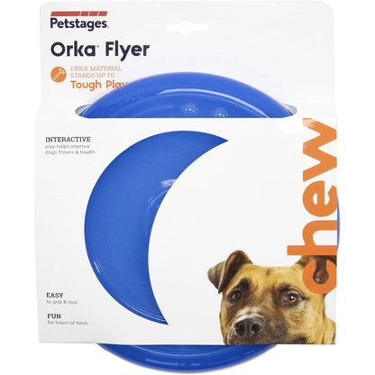 Petstages ORKA Flyer packaging showing royal blue flying disc dog toy for interactive fetch