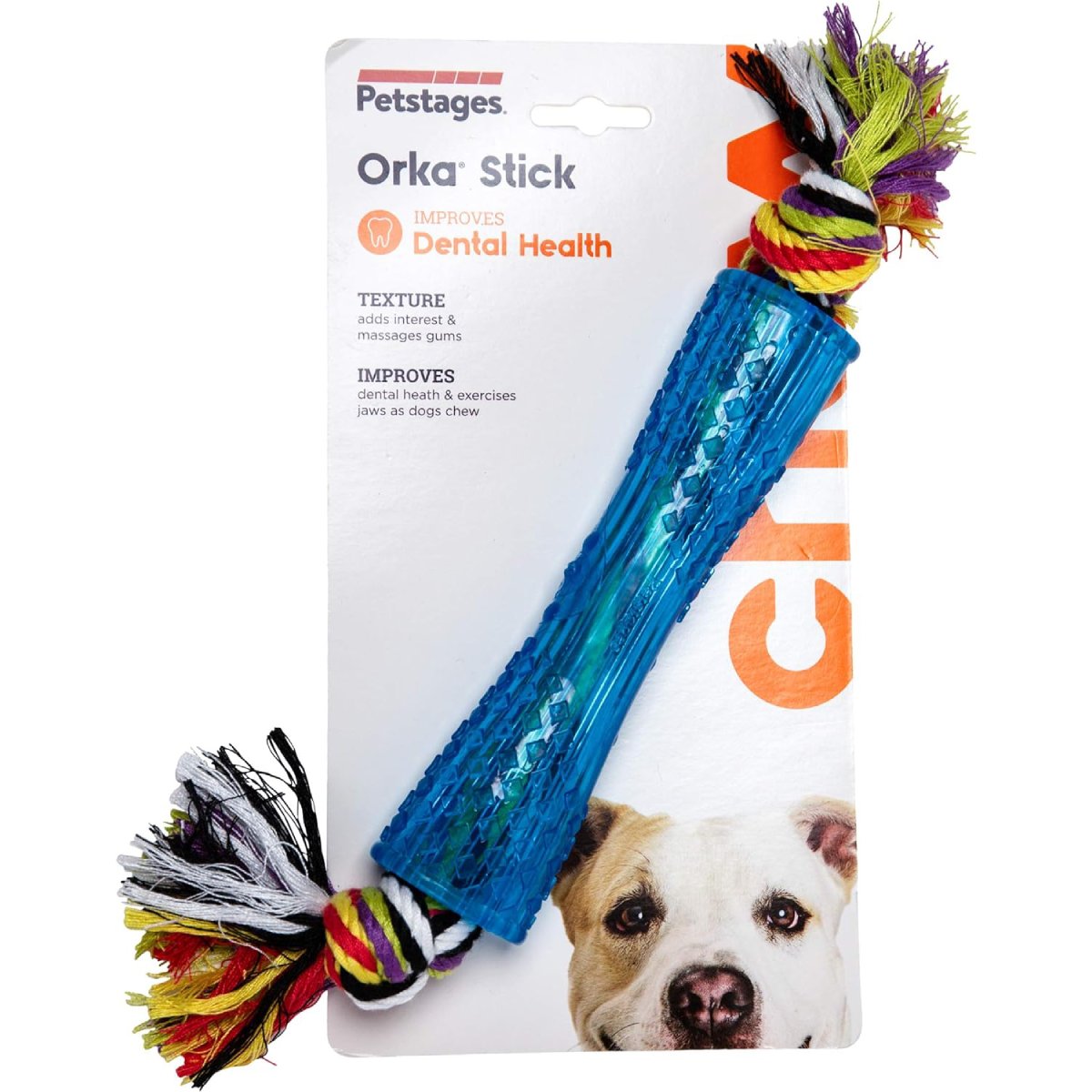 Petstages ORKA Stick packaging showing dental health chew toy with gum massaging texture