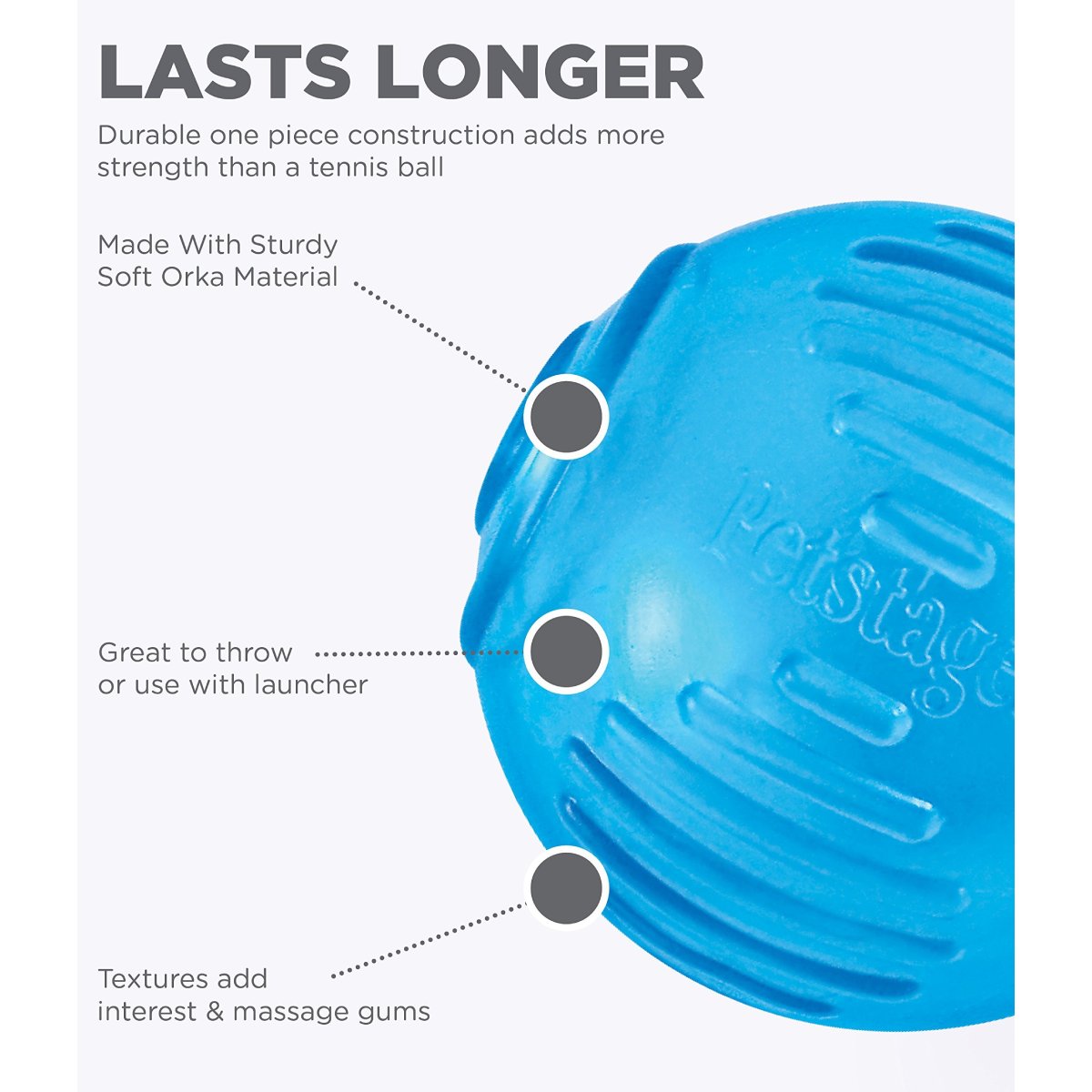 Petstages ORKA Tennis Ball feature image showing durable one piece rubber construction that lasts longer than a tennis ball