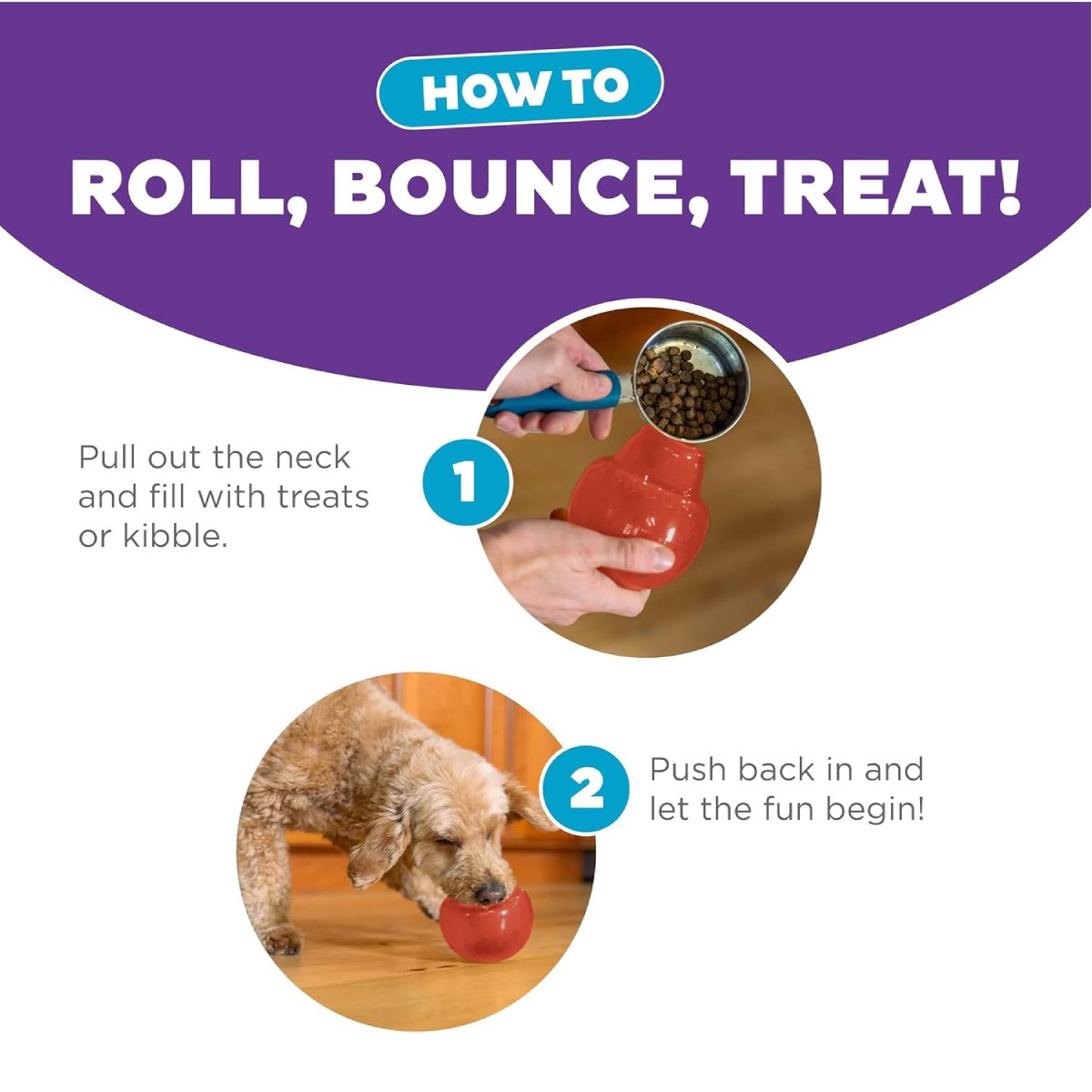 Petstages Planet Dog Lil Snoop red treat dispenser showing how to fill with treats and start reward play