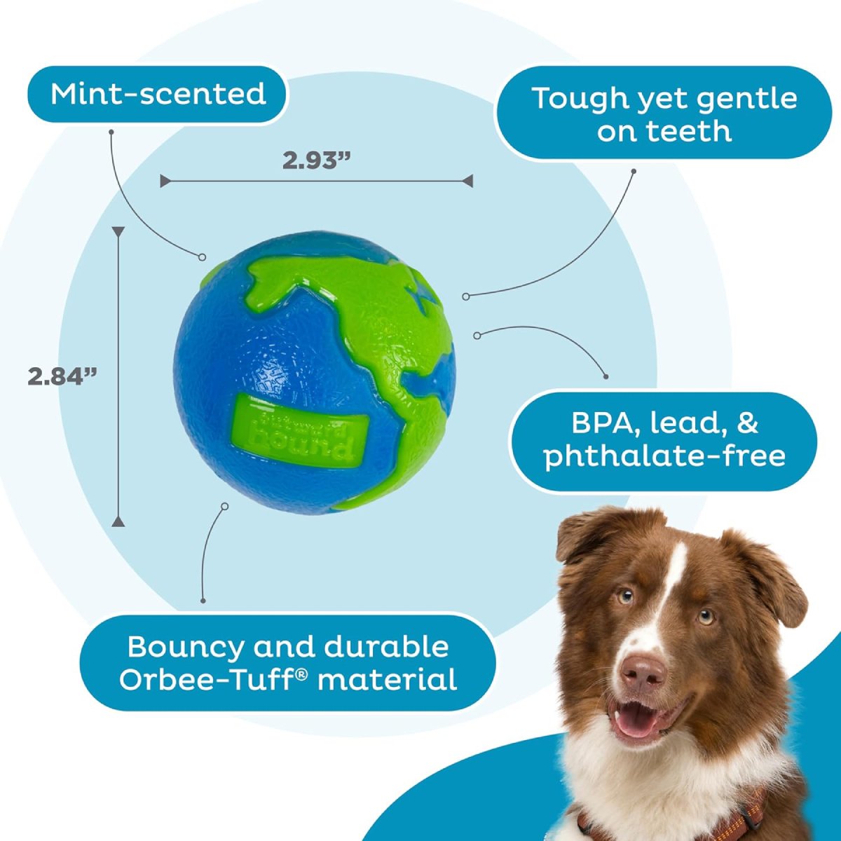 Petstages Planet Dog Orbee Ball Blue Green medium size feature image with mint scent and BPA lead phthalate free details